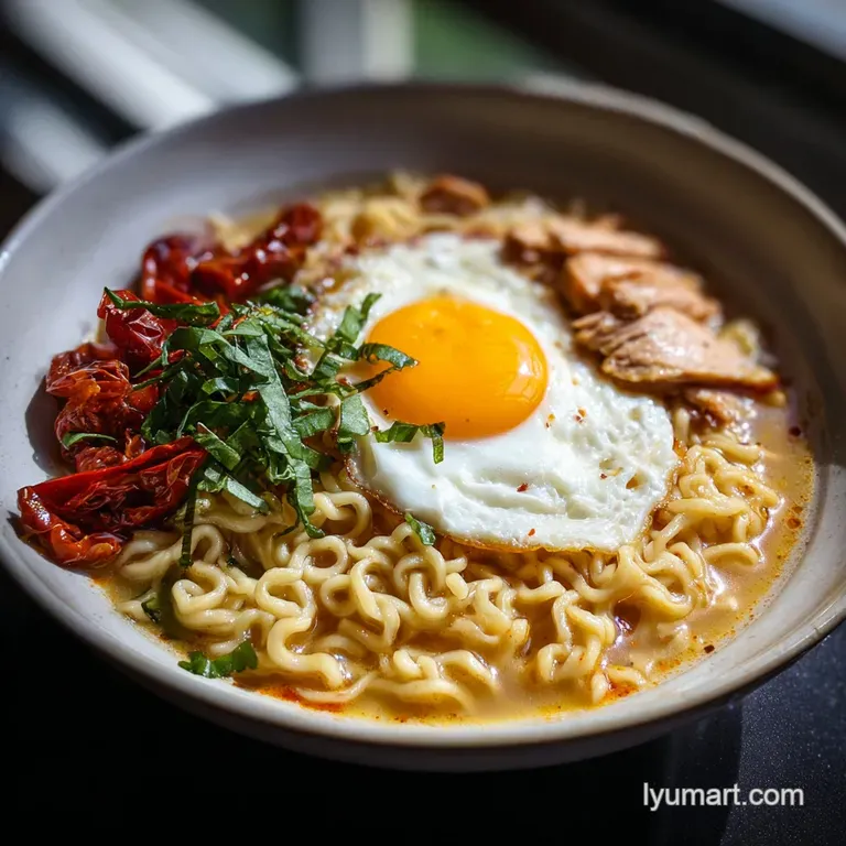 Steaming bowl of ramen with tender chicken, artfully arranged scallions, and a perfectly runny egg yolk glistening in the ...