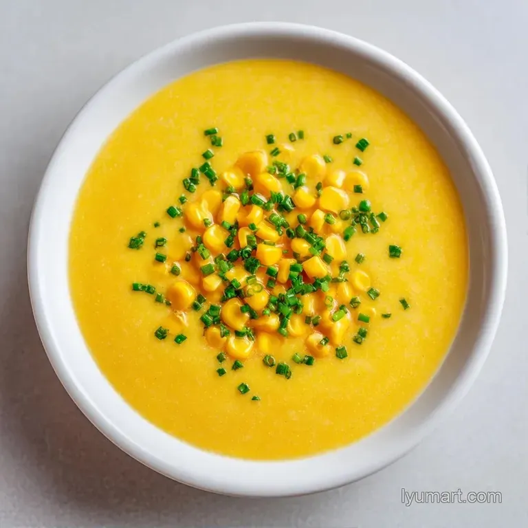 Vibrant yellow corn soup served in a white ceramic bowl with a swirl of cream and finely chopped chives on top.