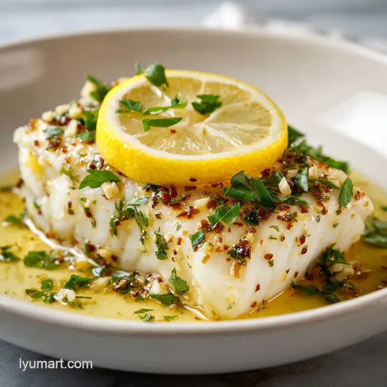 A tender, white cod fillet with browned edges, drizzled with bright lemon sauce and served with vibrant green asparagus sp...