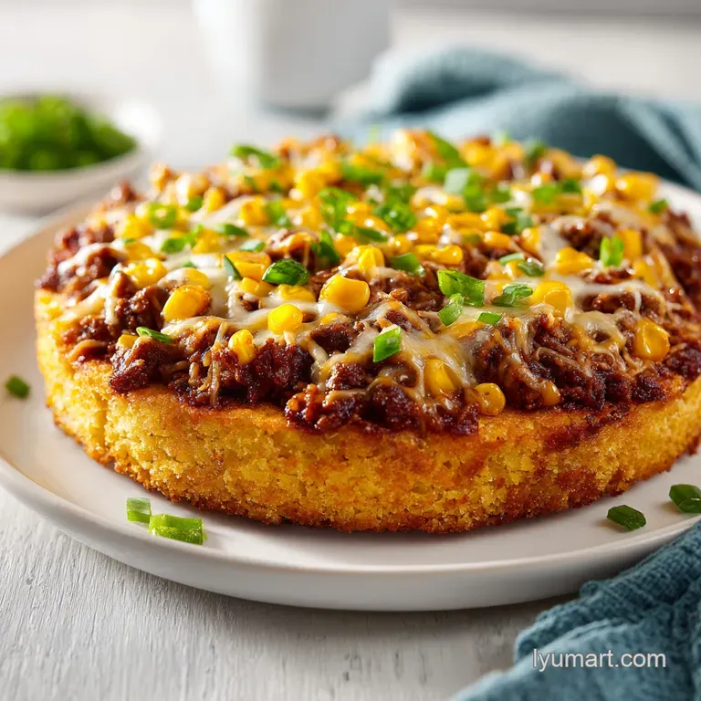A hearty slice of golden corn cake atop savory ground beef, served on a white plate with a side of crisp greens.