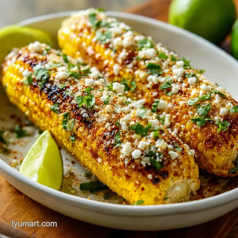 A colorful mound of grilled corn, glistening with lime and crema, artfully arranged on a plate.