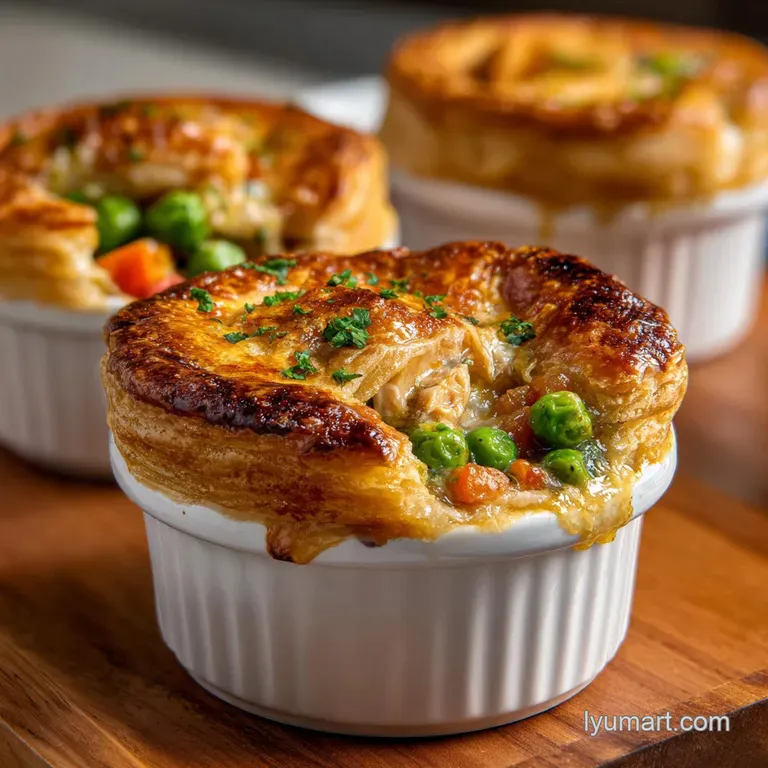 A single mini pot pie, golden and glistening, rests on a plate. Flaky crust edges contrast with the creamy filling peeking...