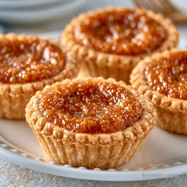 Three petite orange custard tarts on a white ceramic plate, garnished with a pinch of cinnamon and mint leaves.