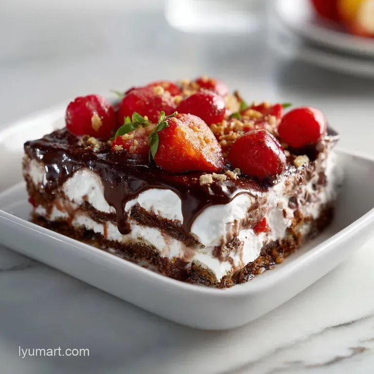 A square slice of dessert lasagna showcasing its creamy, chocolate, and whipped cream layers on a white plate.