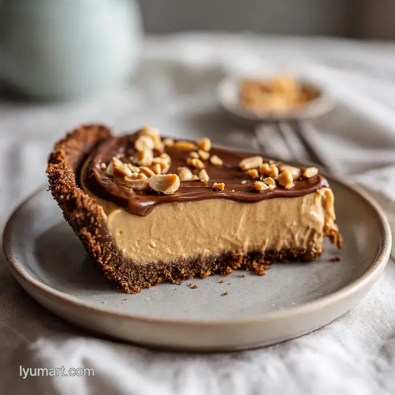 A perfectly sliced wedge of smooth peanut butter pie with a crisp graham cracker crust, drizzled with chocolate.