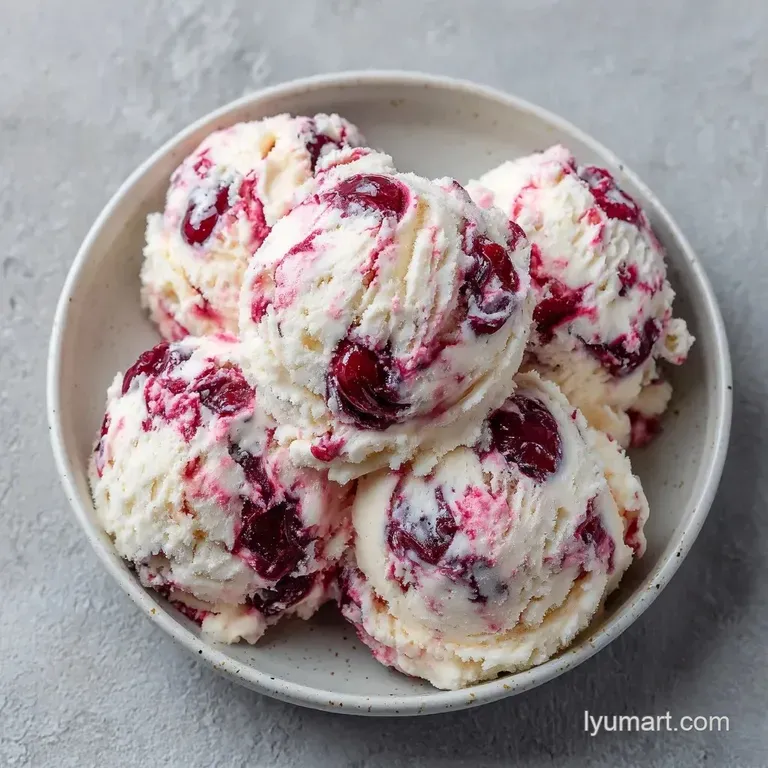 Three pale pink scoops topped with a glossy cherry syrup drizzle and a fresh mint leaf on a polished dark slate platter.