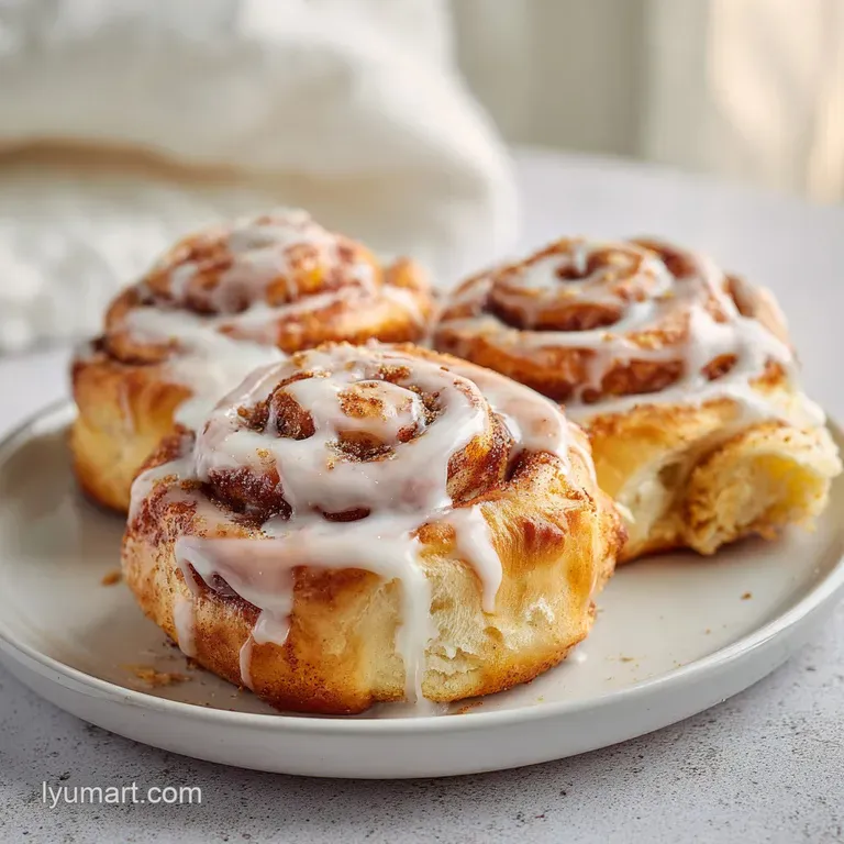 A single golden spiral pastry on a white ceramic plate, topped with melting white glaze and a dusting of cinnamon.