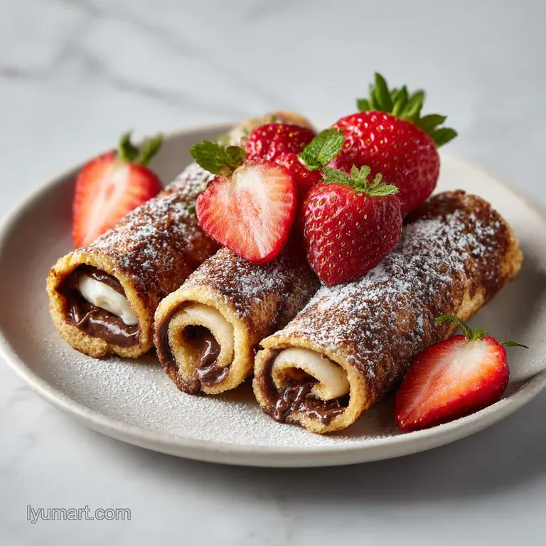 Delicately rolled French toast spirals, dusted with sugar, artfully arranged with fresh berries.