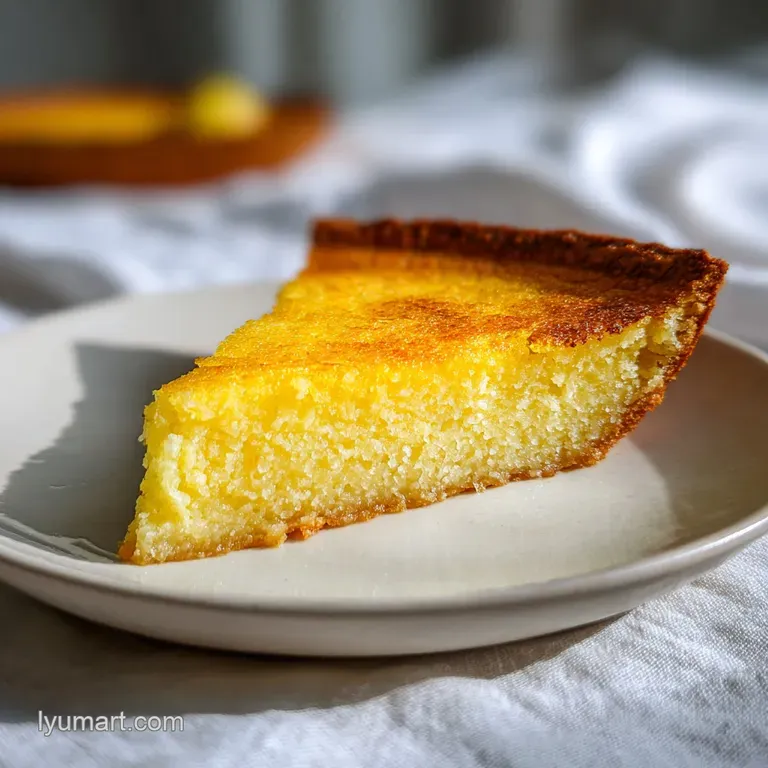 A slice of pale yellow buttermilk pie, its custard-like texture visible, elegantly served with a dusting of powdered sugar.