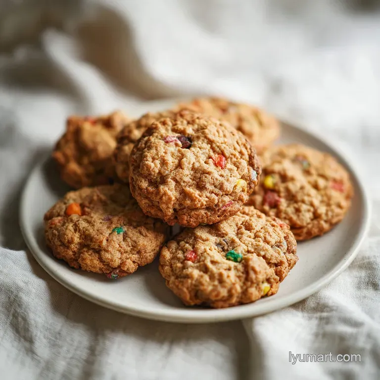 Three warm cowboy cookies artfully arranged on a rustic wooden board, one broken to reveal chewy oat and chocolate interior.