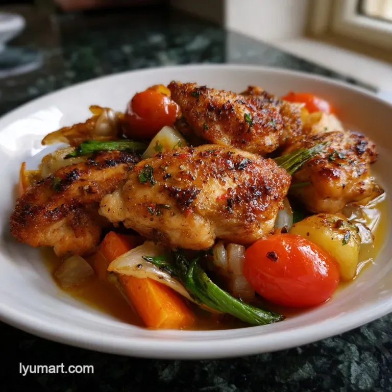Tender chicken breast atop a bed of colorful roasted root vegetables, artfully arranged on a white plate with fresh herbs.
