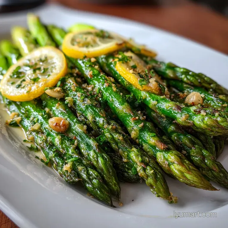 Perfectly arranged serving of bright green asparagus, adorned with lemon wedges and toasted garlic slivers on a white plate.
