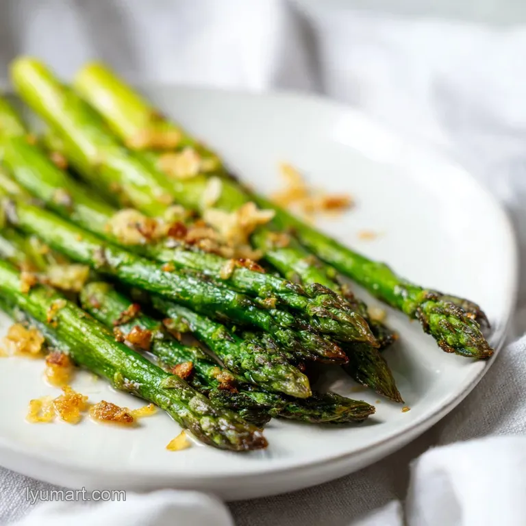 Tender green spears aligned on a white plate, garnished with toasted garlic slivers and a pinch of sea salt.