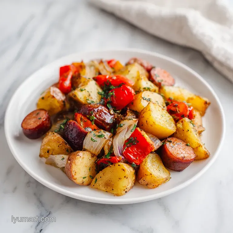 Hearty chunks of roasted sausage and potatoes artfully arranged on a rustic wooden board.