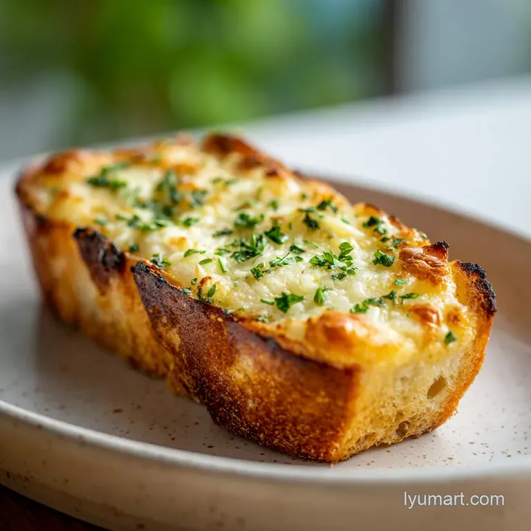 Slices of parmesan garlic bread arranged artfully on a white plate, sprinkled with herbs. Steam rises gently, inviting war...