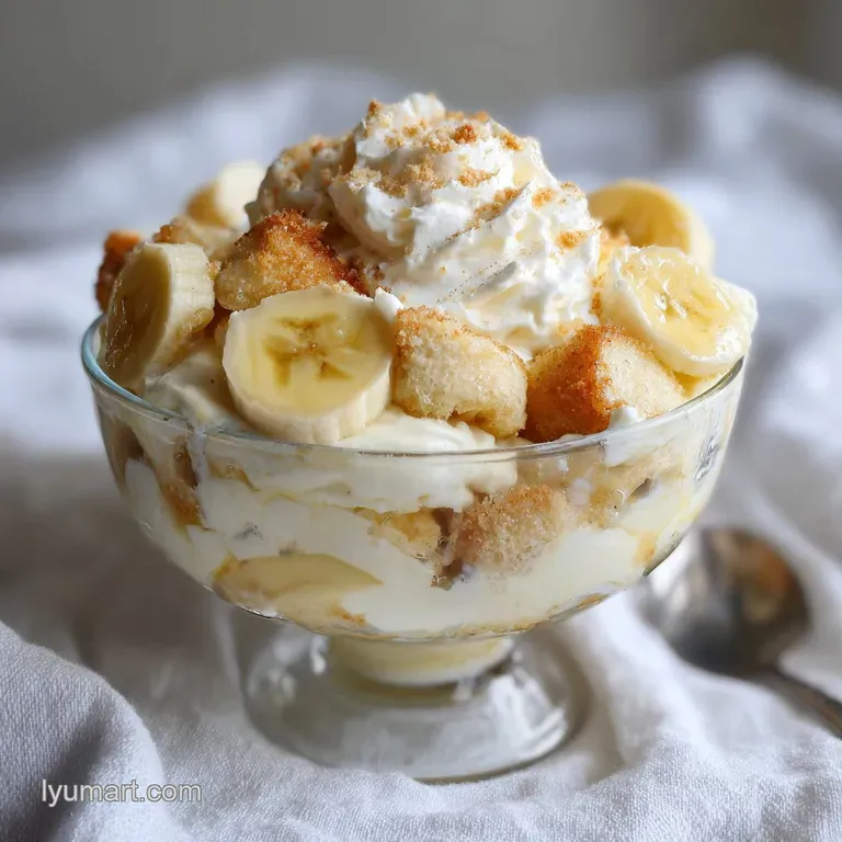 A tall, shimmering glass of banana pudding, showcasing layers of custard, fruit, and cookies.