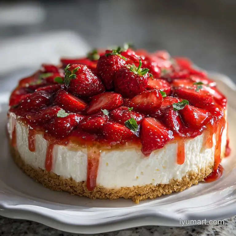 Slice of chilled cheesecake on a white plate, garnished with fresh raspberries and a sprig of mint. Luscious dessert.