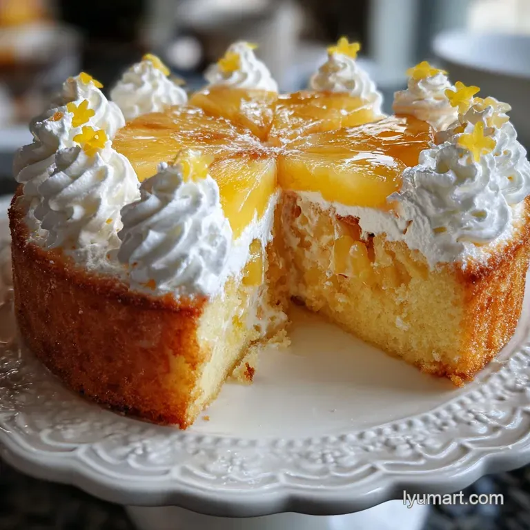 Slice of fluffy yellow pineapple cake topped with a dollop of cream, pineapple wedge, inviting tropical dessert.