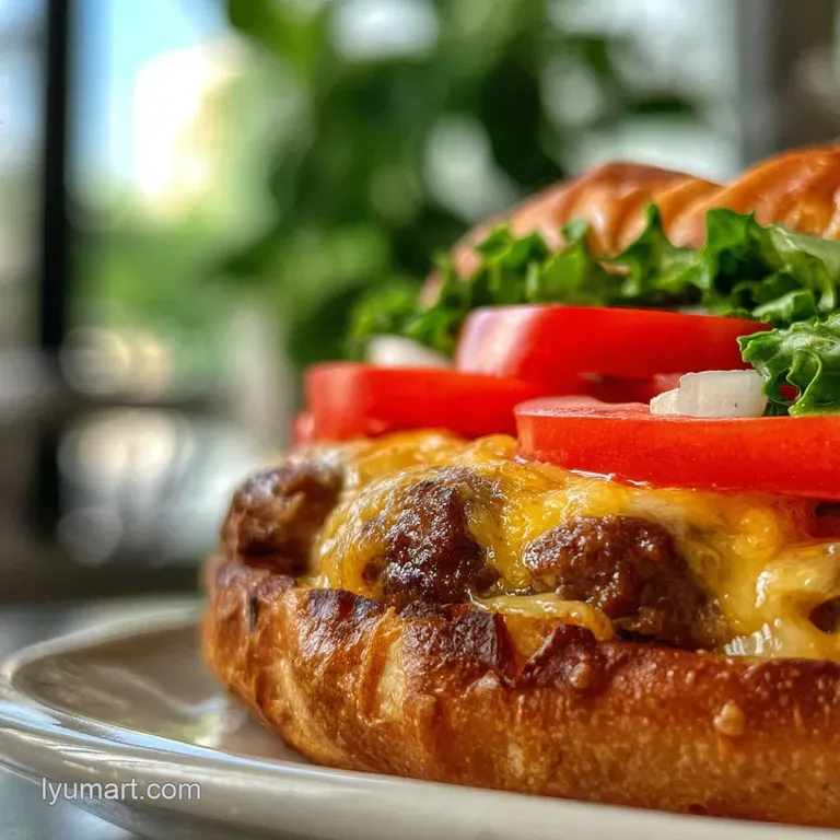 Deconstructed pizza burger with visible layers: crisp crust, savory patty, melted mozzarella, ripe tomato slices, served o...