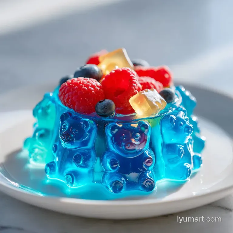 Chilled blue jello shots, each topped with a translucent gummy bear, artfully arranged.