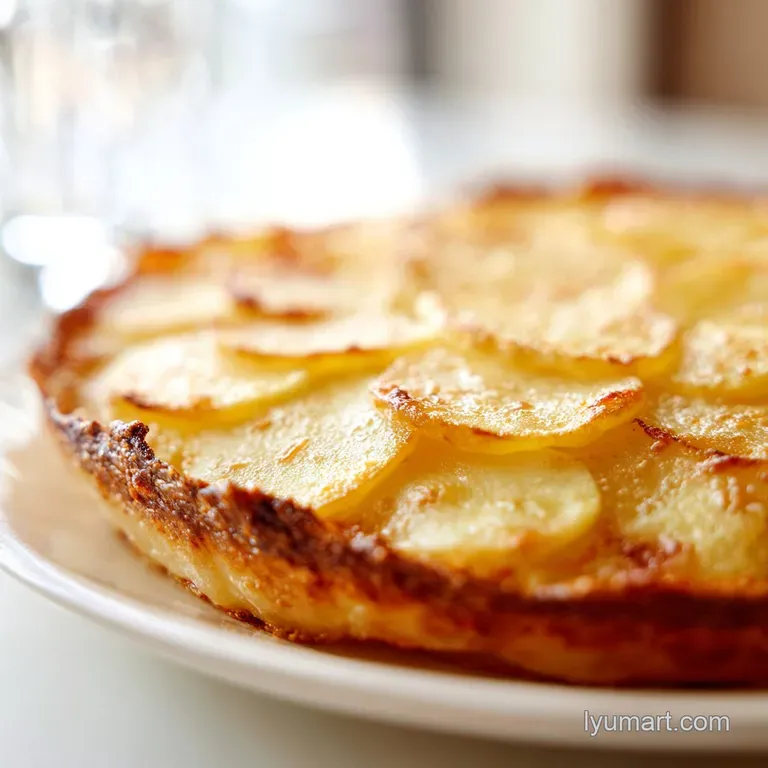 A square portion of creamy sliced potatoes topped with melted Gruyere and a sprinkle of fresh green parsley.