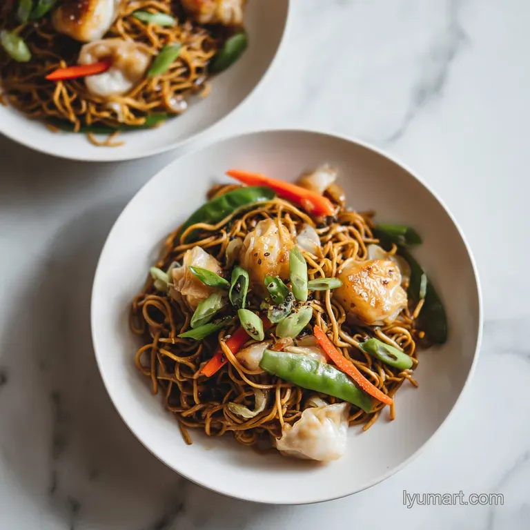 A steaming bowl overflowing with golden potstickers, springy noodles, and a colorful garnish.
