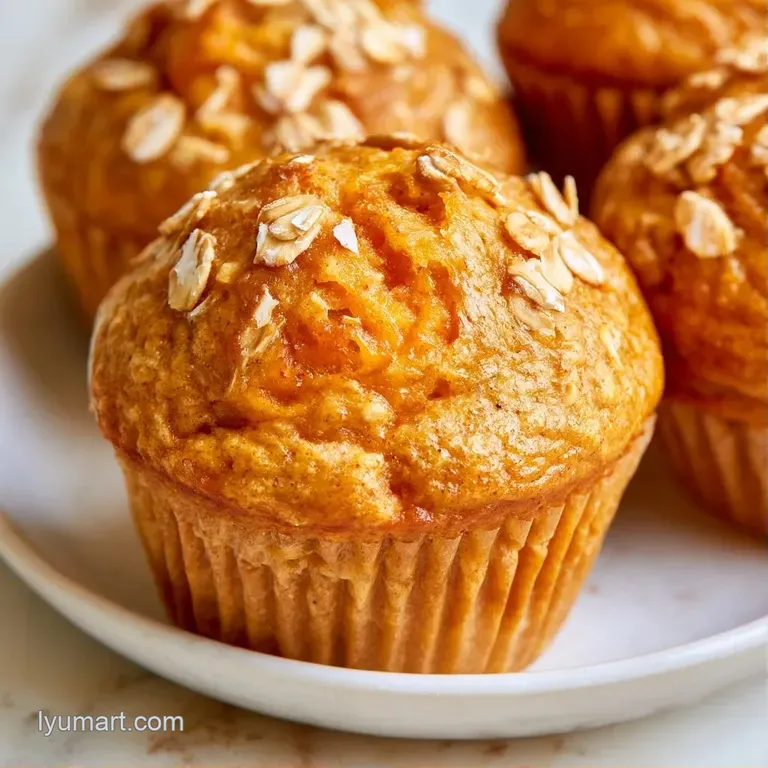 Three warm, orange-hued muffins on a white ceramic plate accented by a drizzle of maple syrup and a cinnamon stick.