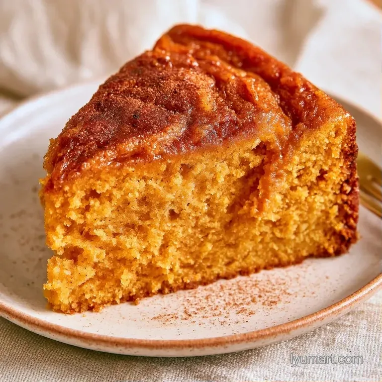 A slice of golden-orange cake on a white plate, topped with a dollop of white cream and a dusting of cinnamon.
