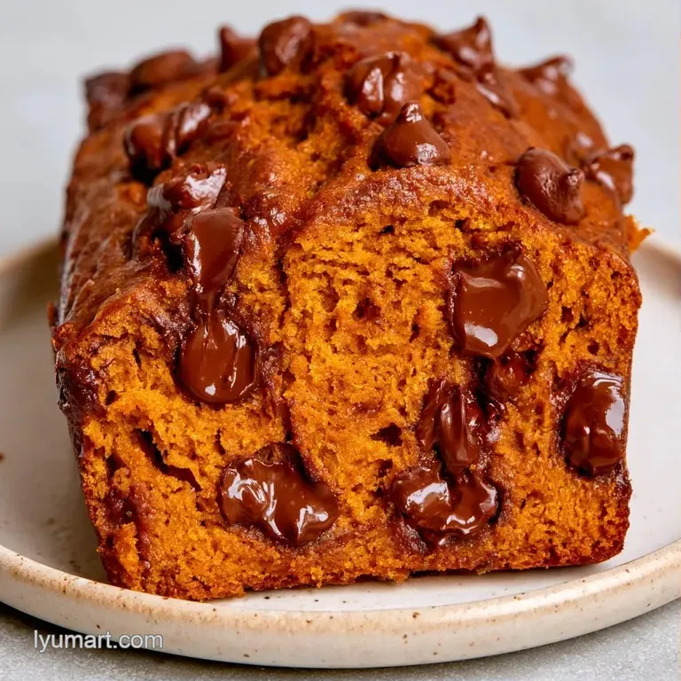 Golden-brown slice of spiced bread served on a marble slab with a glass of steaming coffee and autumn leaves.