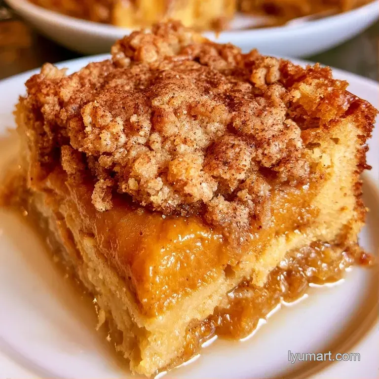 A square slice of warm orange cake with a crisp golden crust, topped with whipped cream and a dusting of cinnamon.