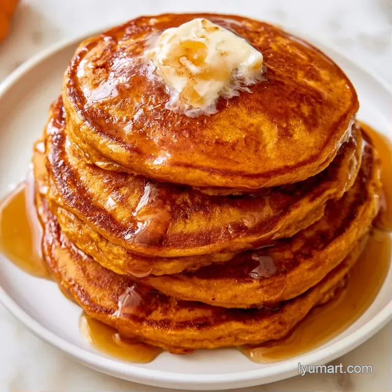 Golden-orange pancake stack on a white ceramic plate, garnished with fresh blueberries and a dusting of powdered sugar.