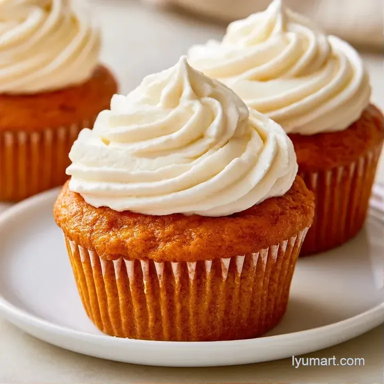 Three orange-hued cakes with piped white swirls on a marble platter, accented by autumn leaves and cinnamon sticks.