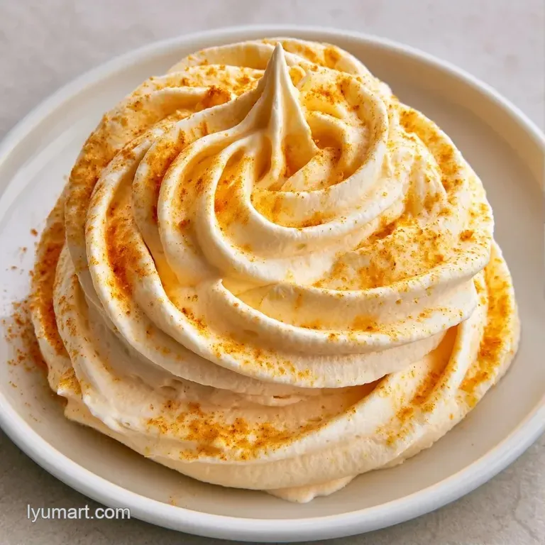 A swirl of orange cream atop a slice of dark cake, garnished with a cinnamon stick and a dusting of spice.