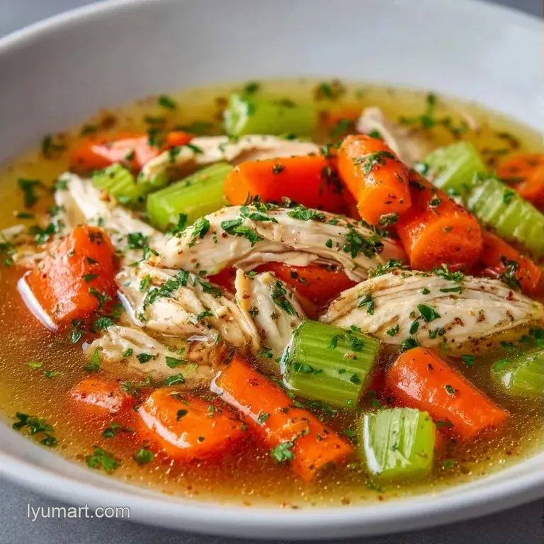 A white porcelain bowl filled with golden broth, vibrant garden vegetables, and fresh parsley on a linen napkin.