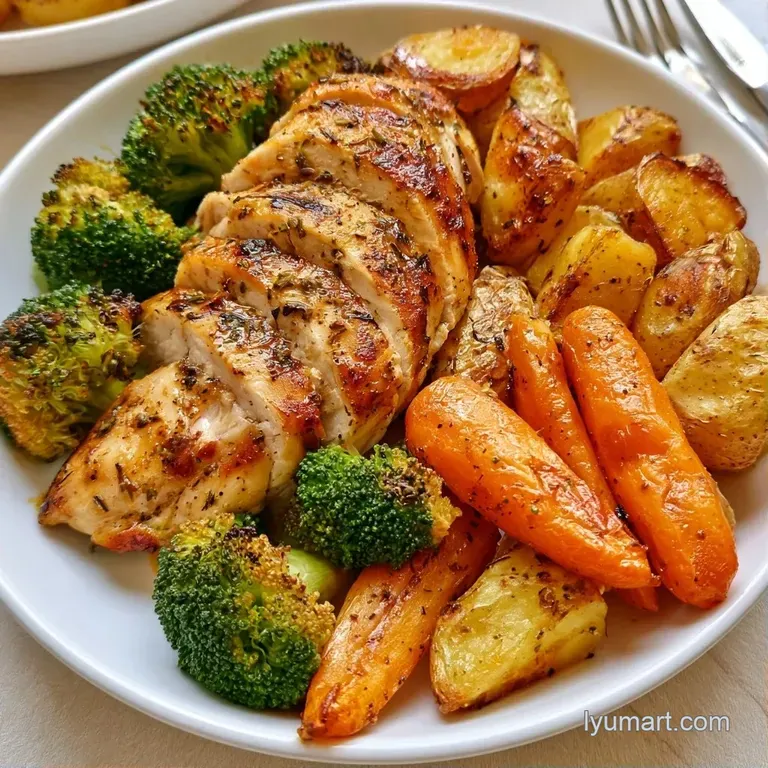 Juicy roasted chicken breasts and vibrant garden vegetables plated on white ceramic with fresh parsley.