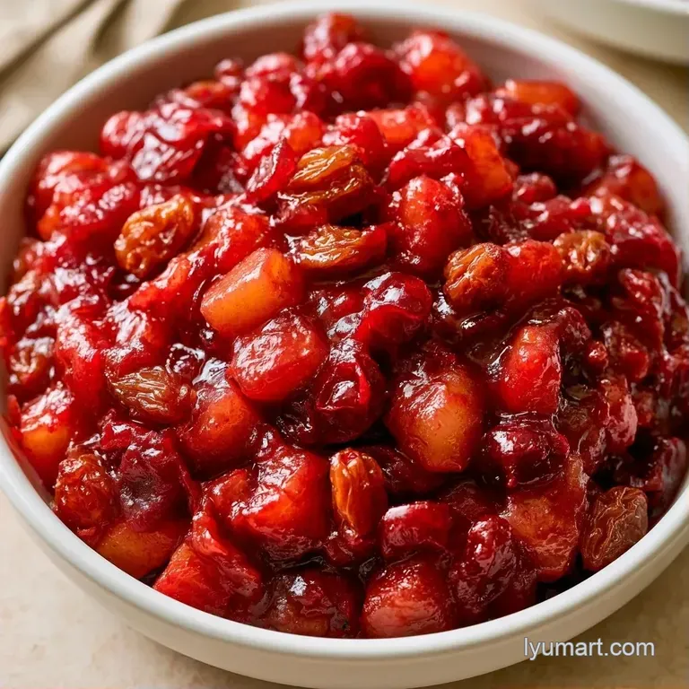 A small glass bowl of glistening ruby-red fruit preserve garnished with a fresh, aromatic sprig of green rosemary.