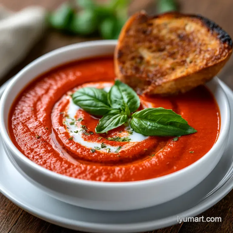 Vibrant red soup in a white porcelain bowl with a drizzle of olive oil and golden toasted croutons on top.