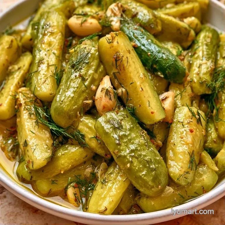 Vibrant green pickle spears arranged on a white platter with fresh dill sprigs and a scattering of black peppercorns.
