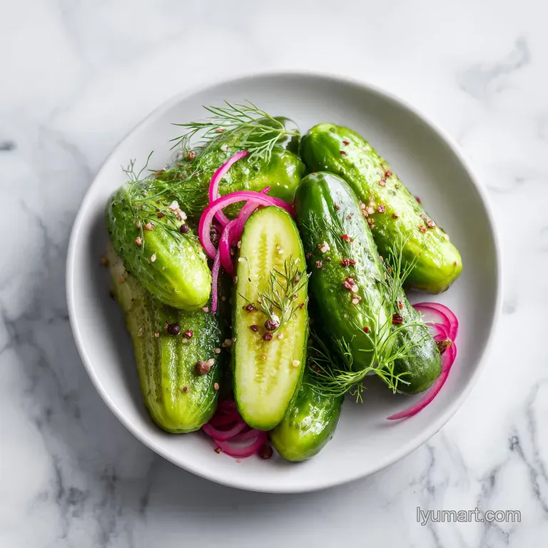 Crisp dill pickle slices arranged on a plate. The light refracts beautifully with each crinkle-cut piece.