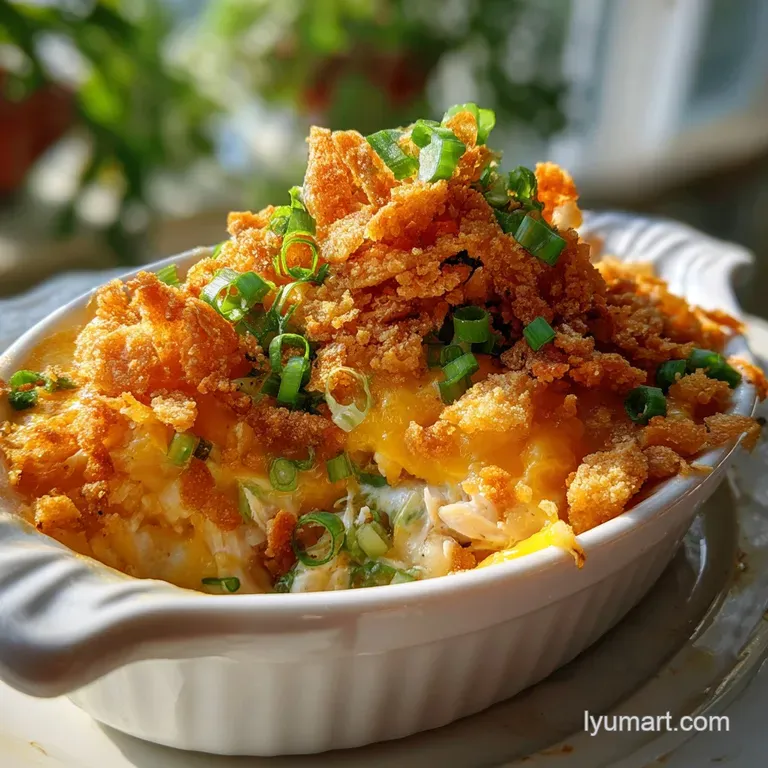 A creamy scoop of chicken casserole with golden cracker topping on a white plate, garnished with fresh parsley; inviting a...