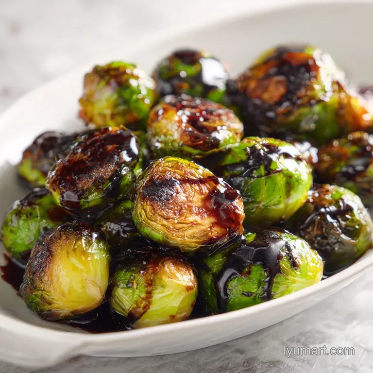 Charred green sprouts piled high in a matte white bowl, topped with shaved parmesan and a glossy honey drizzle.