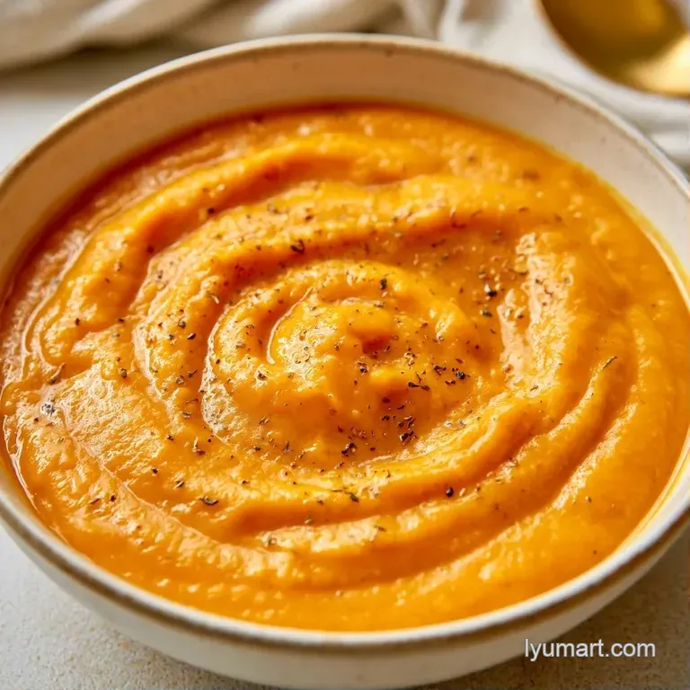 Vibrant orange puree in a white bowl with a swirl of coconut cream, toasted pepitas, and a sprig of fresh green parsley.