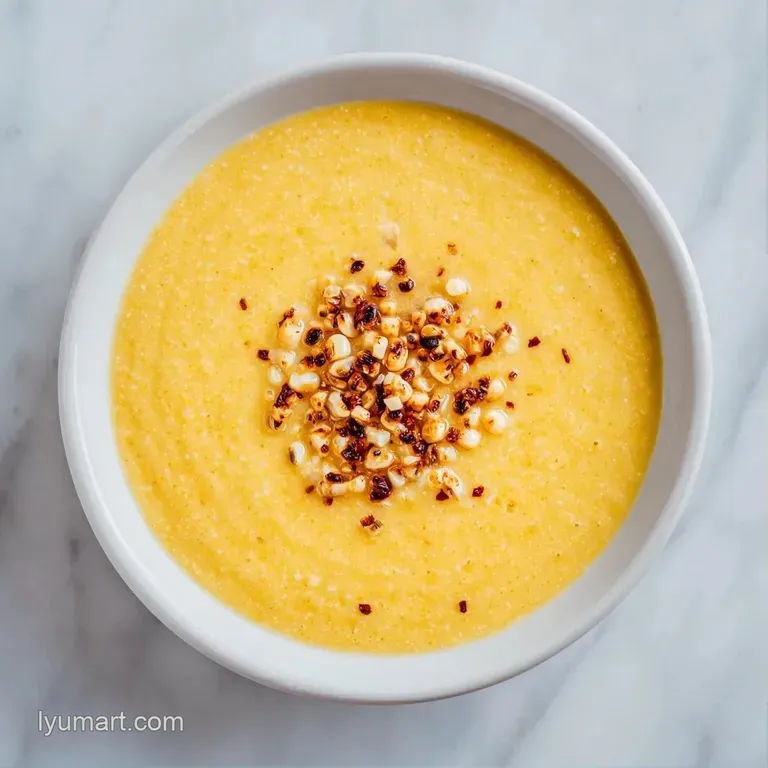 A golden yellow soup served in a white bowl with a swirl of cream and a sprig of fresh thyme on a wooden table.