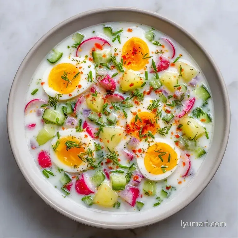 Chilled vegetable soup in a clear glass bowl, garnished with sliced hard-boiled eggs and fresh herbs on a linen cloth.