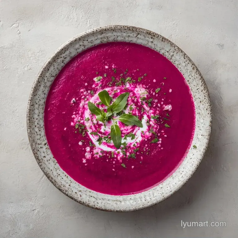 Vibrant purple soup served in a modern bowl with fresh cucumber slices and a dollop of thick white sour cream.
