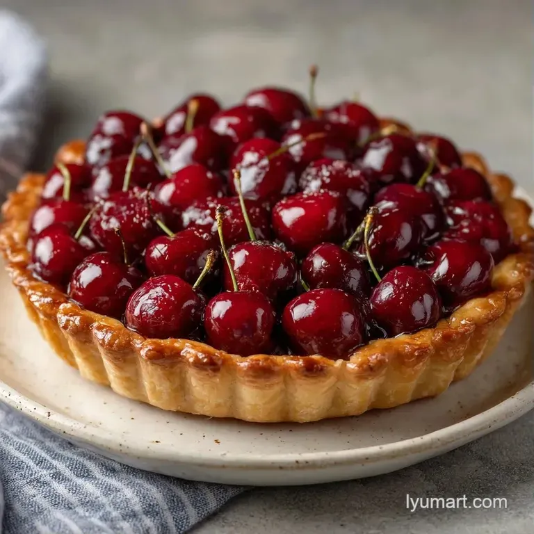 A slice of tart cherry pastry on a white ceramic plate, dusted with powdered sugar and a fresh mint leaf.