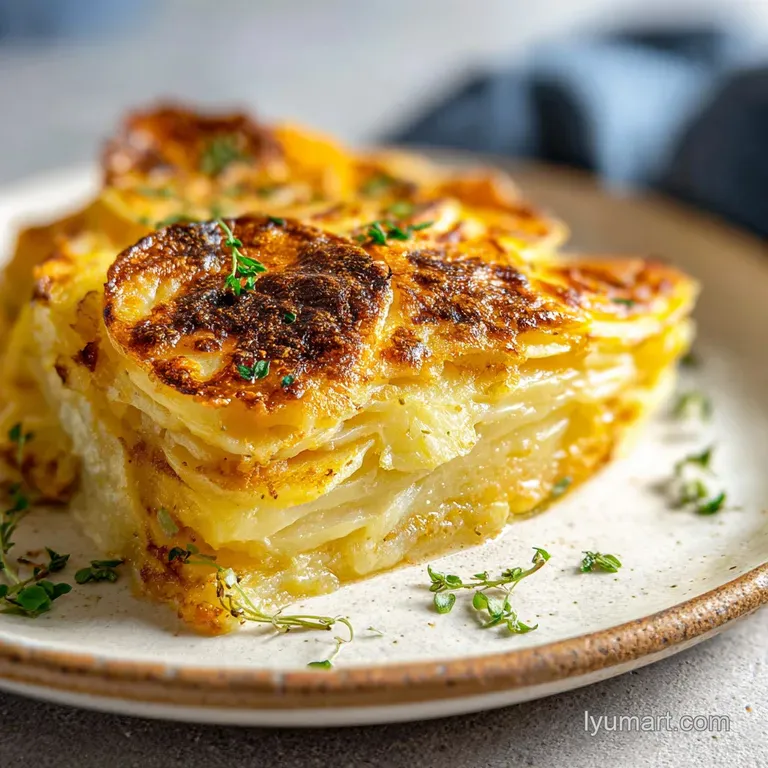 A neat square portion of layered creamy potatoes on a white plate, garnished with a fresh sprig of green parsley.