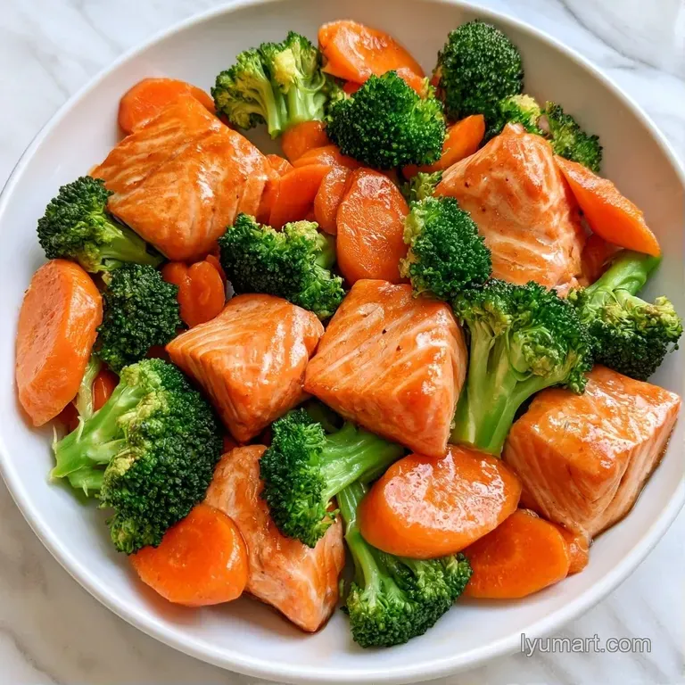 Perfectly cooked salmon resting on a bed of vibrant garden vegetables with a glossy glaze on a modern white plate.