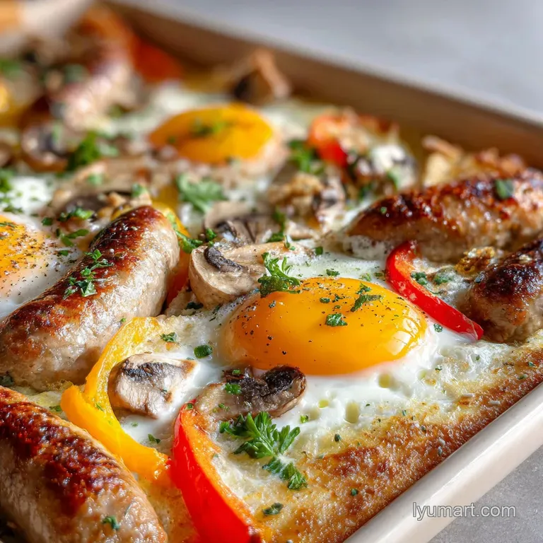 Elegant plate with crispy baked sausage and potatoes, garnished with fresh parsley, alongside a dollop of creamy dipping s...
