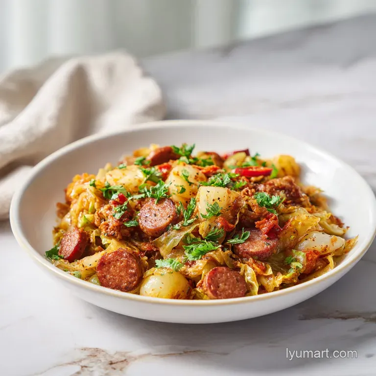A colorful plate with juicy sausage slices, soft cabbage, and golden potatoes, glistening with flavorful juices and fresh ...